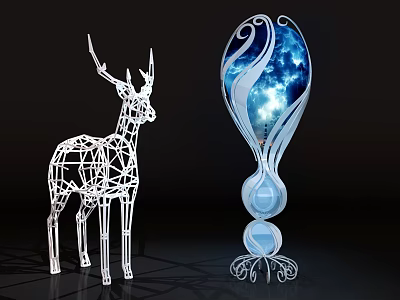 Decorative Wireframe Deer Sculpture And Ornamental Lamp With Blue Starry Cosmic Design 3d model
