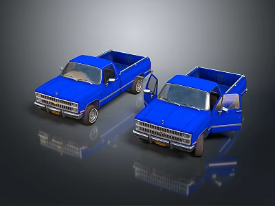 Two Blue Pickup Trucks Parked With Doors Open On Reflective Surface 3d model