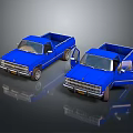 Two Blue Pickup Trucks Parked With Doors Open On Reflective Surface 3d model