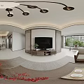 Modern Living and Dining Room Interior With Wooden Furniture Chandelier And Decorative Paintings