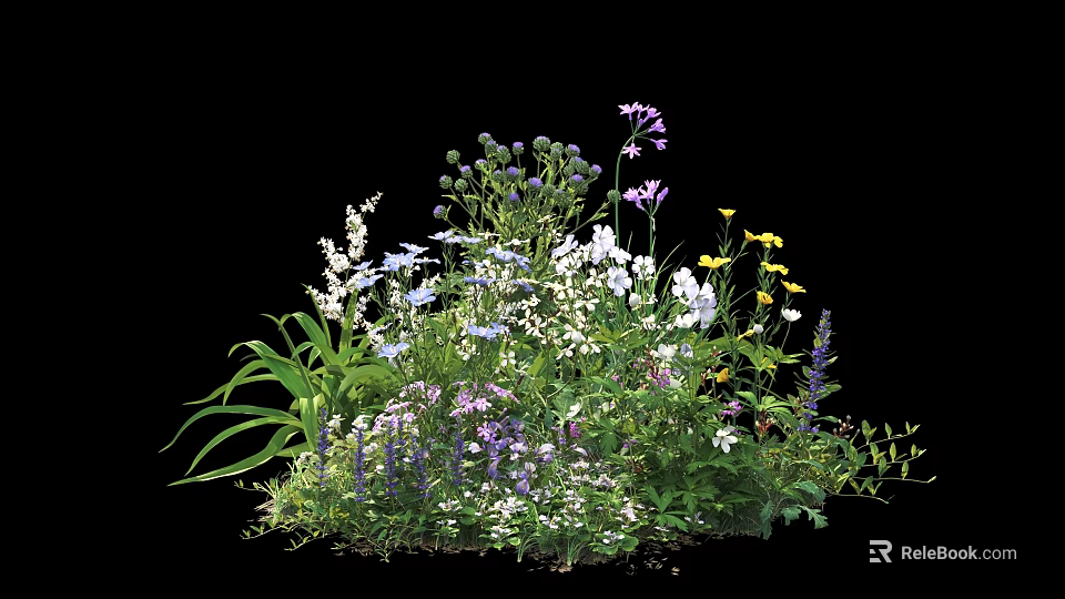 Colorful Garden Shrub With Purple White And Yellow Blooms And Green Leaves 3d model 