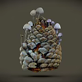 Natural Pine Cone With Small Mushrooms Growing On Its Textured Surface