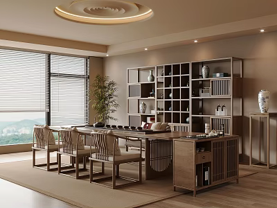 Tea Room With Wooden Furniture Bookshelf Vases Window Blinds And Green Plant Rug 3d model