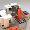 Industrial Equipment With Robotic Arms And Material Blocks In Production Line
