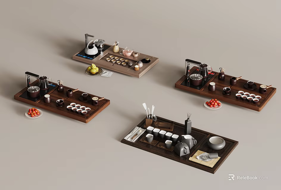 Elegant Tea Sets Arranged on Wooden Trays with Teapots Cups and Fruit Decorations 3d model 