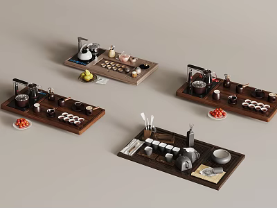 Elegant Tea Sets Arranged on Wooden Trays with Teapots Cups and Fruit Decorations 3d model