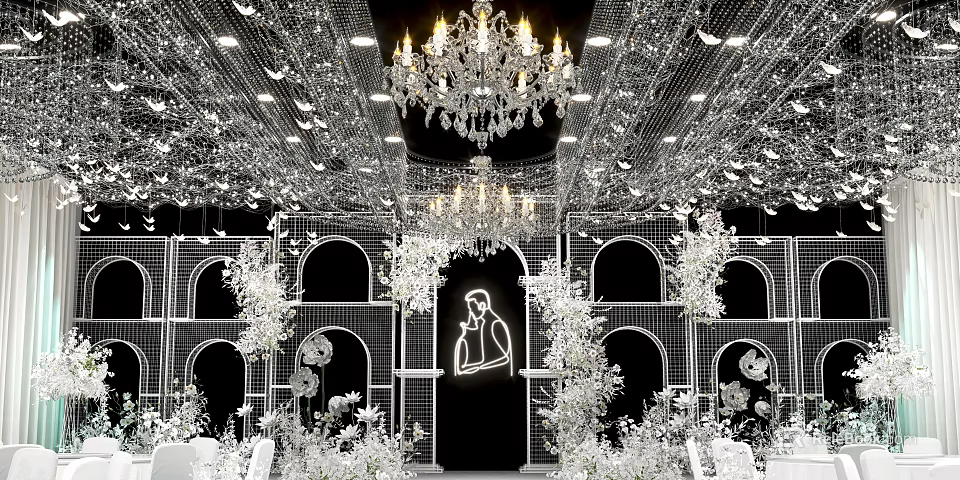 Elegant Ballroom Interior With Crystal Chandeliers White Floral Decorations And Arched Walls 3d model 