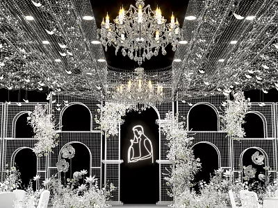 Elegant Ballroom Interior With Crystal Chandeliers White Floral Decorations And Arched Walls 3d model