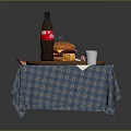 Hamburger And Sandwich With Coca-Cola Coffee On Wooden Tray Plaid Tablecloth