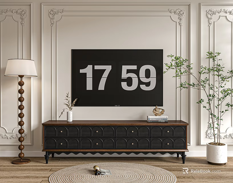 Classic TV Stand with Digital TV Decorative Wall Paneling Floor Lamp and Potted Plant Design 3d model 