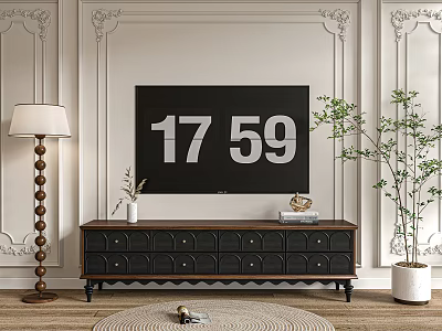 Classic TV Stand with Digital TV Decorative Wall Paneling Floor Lamp and Potted Plant Design 3d model