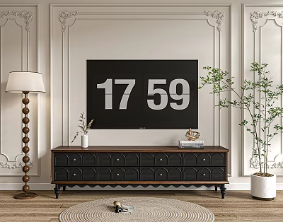 Classic TV Stand with Digital TV Decorative Wall Paneling Floor Lamp and Potted Plant Design 3d model
