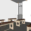 Chinese Style Practice Studio Interior With Wooden Tables Red Mats And Green Plant