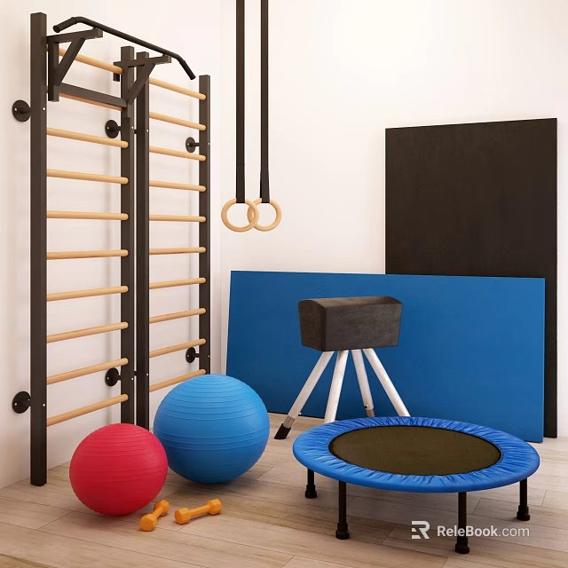 Sports Equipment With Climbing Ladder Gymnastic Rings Exercise Balls Trampoline And Balance Beam 3d model 