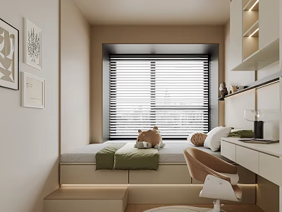 Tatami Bedroom Interior Design With Bed Green Blanket Window Blinds Desk Chair And Wall Decor 3d model