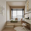 Tatami Bedroom Interior Design With Bed Green Blanket Window Blinds Desk Chair And Wall Decor
