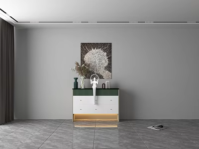 Modern Decorative Cabinet With Green Countertop White Doors Golden Base And Wall Artwork 3d model