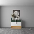 Modern Decorative Cabinet With Green Countertop White Doors Golden Base And Wall Artwork
