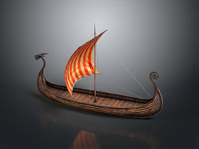 Ancient Wooden Water Vessel with Dragon Head Decoration Red White Striped Sail Spiral Tail Design 3d model