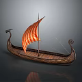 Ancient Wooden Water Vessel with Dragon Head Decoration Red White Striped Sail Spiral Tail Design