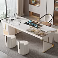Elegant Modern Tea Table Set With Golden Legs White Stools And Tea Set 3d model