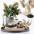 Stylish Decorative Ornament Set With Green Plants Glass Vases Candles Books And Dried Pampas Grass