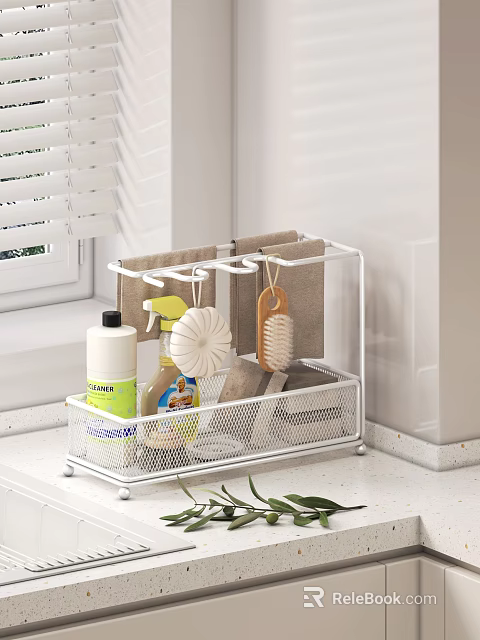 Sturdy Metal Wire Kitchen Countertop Organizer With Cleaning Sprays Sponges Dish Brush And Rags 3d model 