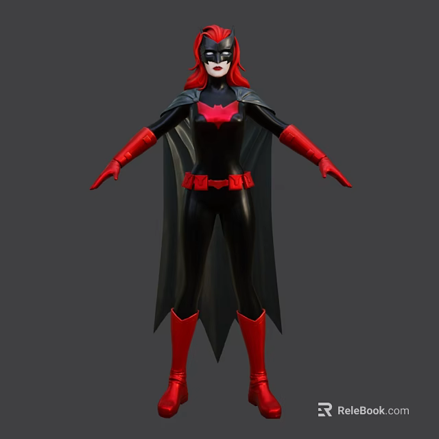 Game And Movie Character In Black Bodysuit With Red Bat Symbol Cape Gloves And Boots 3d model 