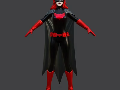 Game And Movie Character In Black Bodysuit With Red Bat Symbol Cape Gloves And Boots 3d model