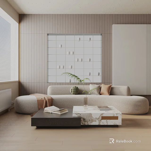 Modern Light Colored Three Seater Sofa With Wooden Wall Coffee Table And Decorative Pillows 3d model 