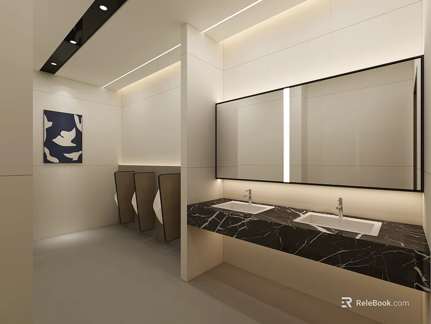 Modern Minimalist Public Toilet Interior Design With Marble Double Sink Counter And Warm Ambient Lighting 3d model 