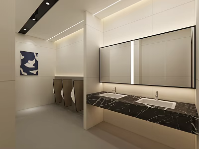 Modern Minimalist Public Toilet Interior Design With Marble Double Sink Counter And Warm Ambient Lighting 3d model