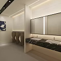 Modern Minimalist Public Toilet Interior Design With Marble Double Sink Counter And Warm Ambient Lighting