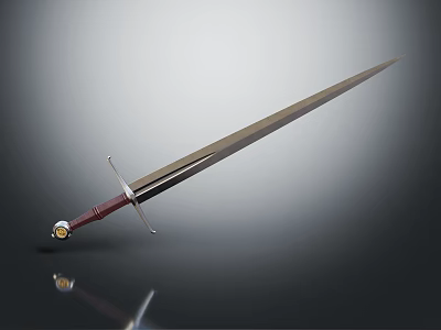 Long Blade Sword With Red Hilt Metal Decoration On Gradient Gray Black Background With Reflection 3d model