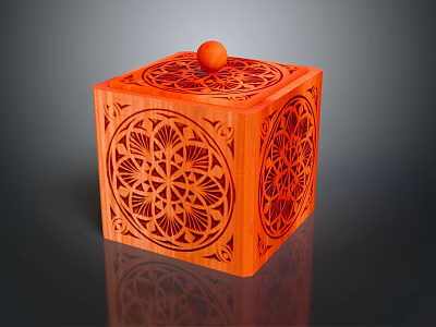 Decorative Ornament Set Wooden Cube with Carved Patterns and Round Ball Top in Orange 3d model
