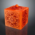 Decorative Ornament Set Wooden Cube with Carved Patterns and Round Ball Top in Orange