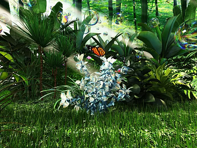 Lush Garden Landscape With Trees Green Plants Blue Flowers Orange Butterfly Bubbles Sunlight Through Leaves 3d model