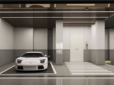 Modern Parking Garage Interior With White Sports Car Elevator Doors Parking Lines And Crosswalk Markings 3d model