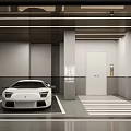 Modern Parking Garage Interior With White Sports Car Elevator Doors Parking Lines And Crosswalk Markings