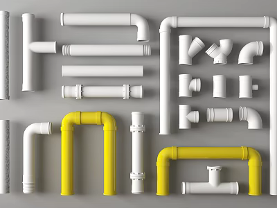 Various Types of White and Yellow Plumbing Pipes with Fittings 3d model