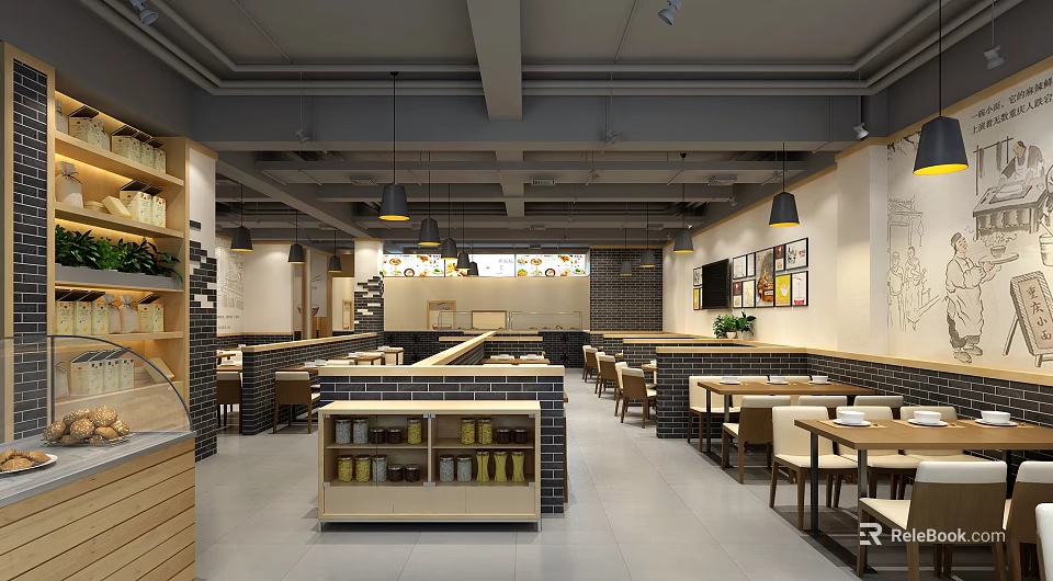 Modern Restaurant Interior With Tables Chairs Pendant Lights Decorative Paintings On Walls And Open Layout 3d model 