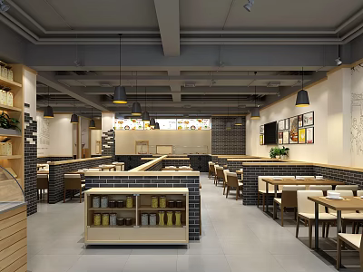 Modern Restaurant Interior With Tables Chairs Pendant Lights Decorative Paintings On Walls And Open Layout 3d model
