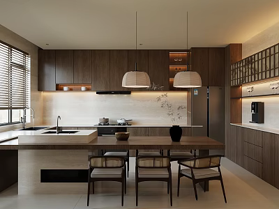 Modern Open Kitchen Interior With Wooden Cabinets Island Countertop And Pendant Lights 3d model