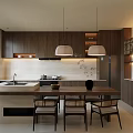 Modern Open Kitchen Interior With Wooden Cabinets Island Countertop And Pendant Lights