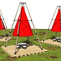 Outdoor Garden Ornaments with Red Conical Canopies Wooden Frames Platforms Tables Chairs and Grass