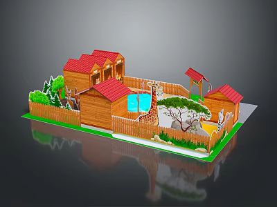 Small Wooden Buildings With Red Roofs Surrounded By Fence Trees And Giraffe 3d model