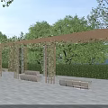 Wooden Pergola With Climbing Plants Benches And Stone Floor Surrounded By Green Trees