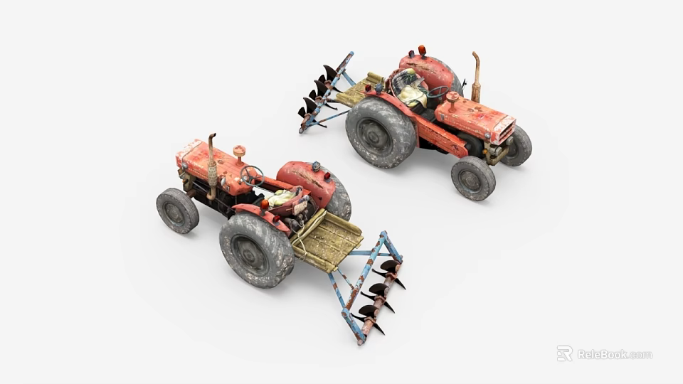 Vintage Red Functional Farm Tractors With Plow Attachments And Large Wheels 3d model 