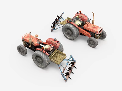 Vintage Red Functional Farm Tractors With Plow Attachments And Large Wheels 3d model
