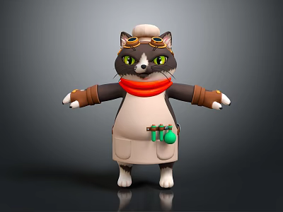 3D Cartoon Game Character Chef Cat With Chef Hat Red Scarf Apron And Outstretched Arms 3d model